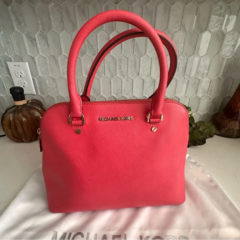 Michael Kors Red Saffiano Leather Satchel Gold-Tone Hardware & Detachable Strap - Picture 6 of 12